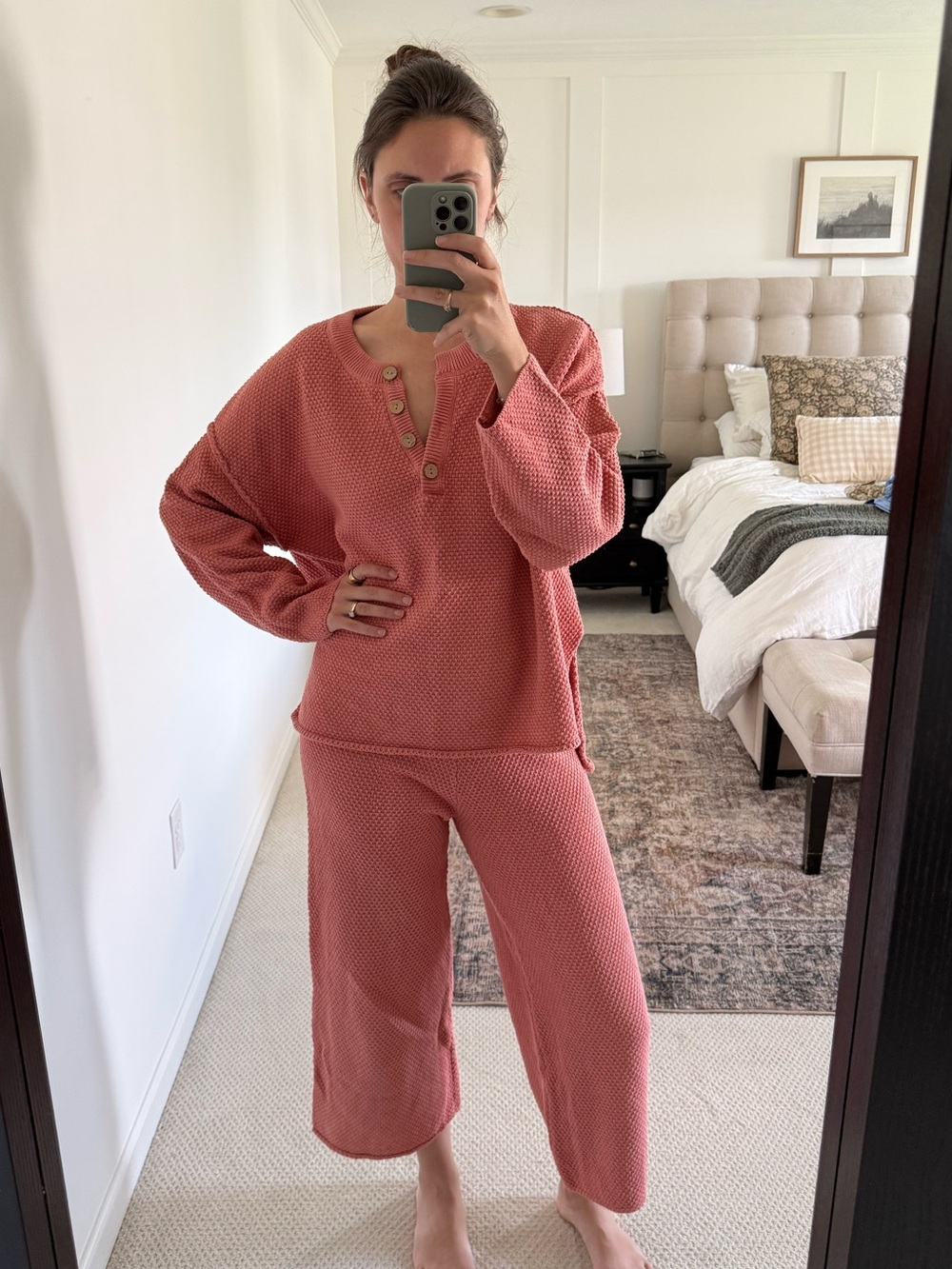 Free People Beach- Hailee Set- Women's Waffle Henley Lounge Set in Coral